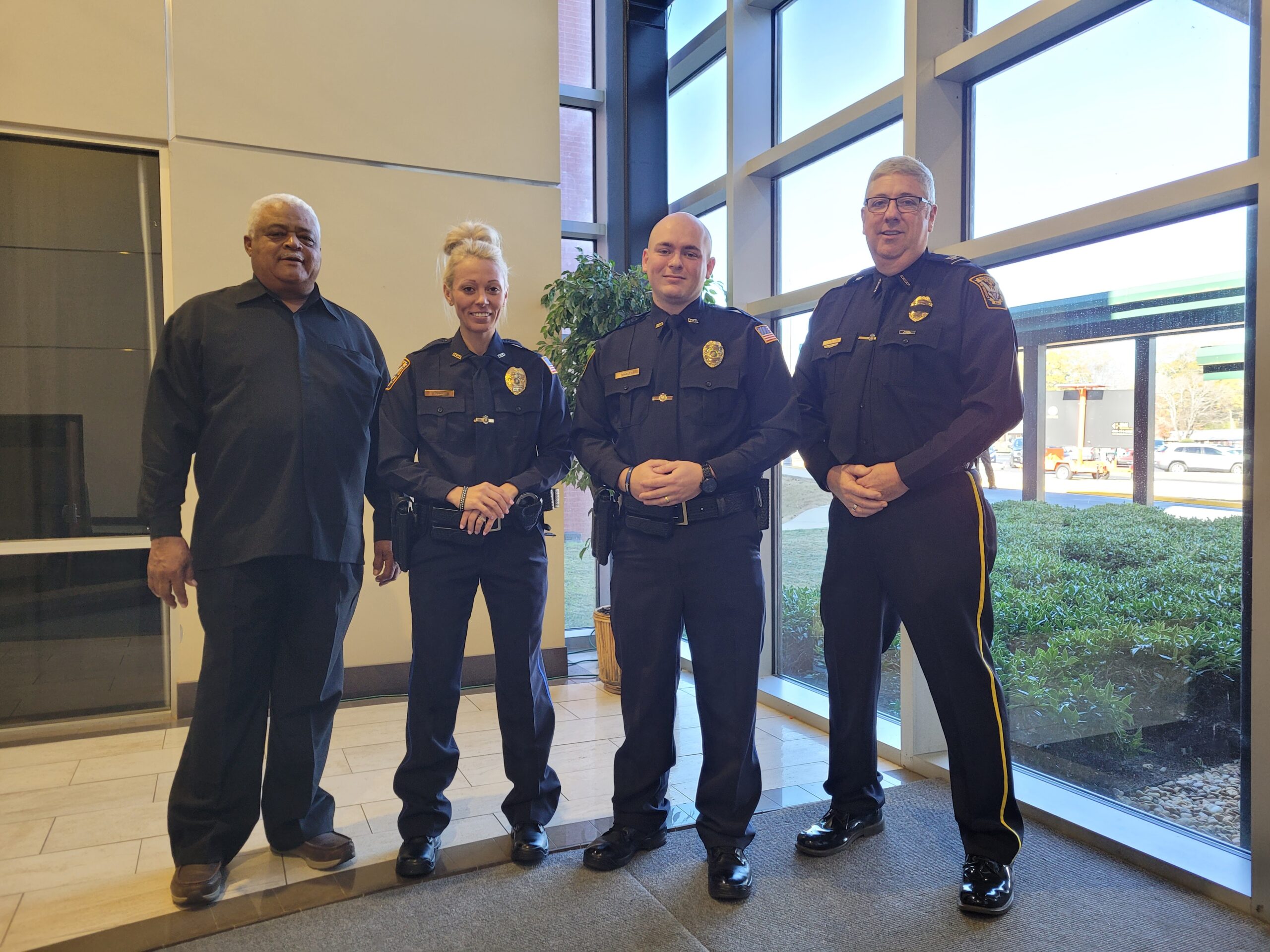 LEFT TO RIGHT
MAYOR FRANK GOODMAN, OFFICER JESSICA MACE, OFFICER JORY WHALEY, CHIEF JONATHAN FLOYD